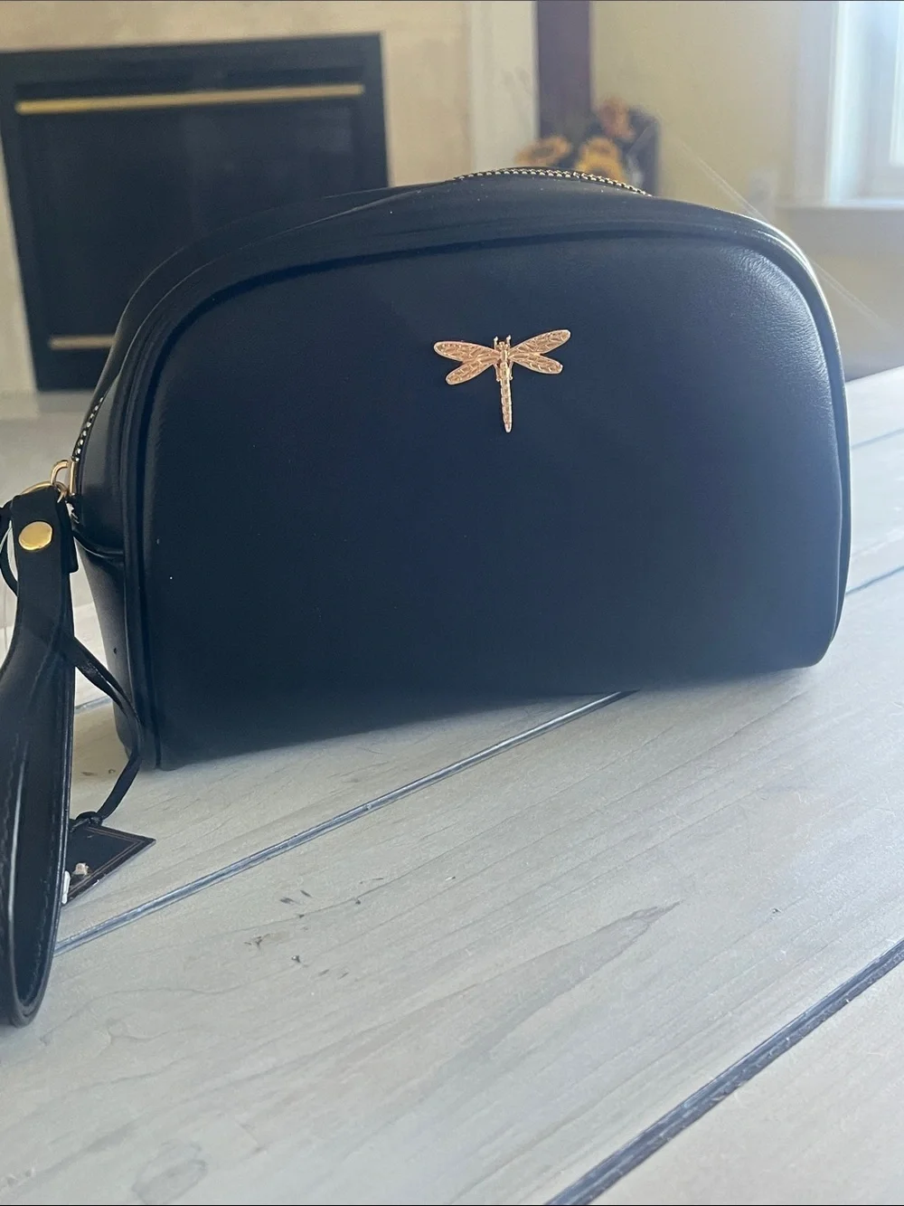 Black Women's Cosmetic Bag with Gold Dragonfly Accent